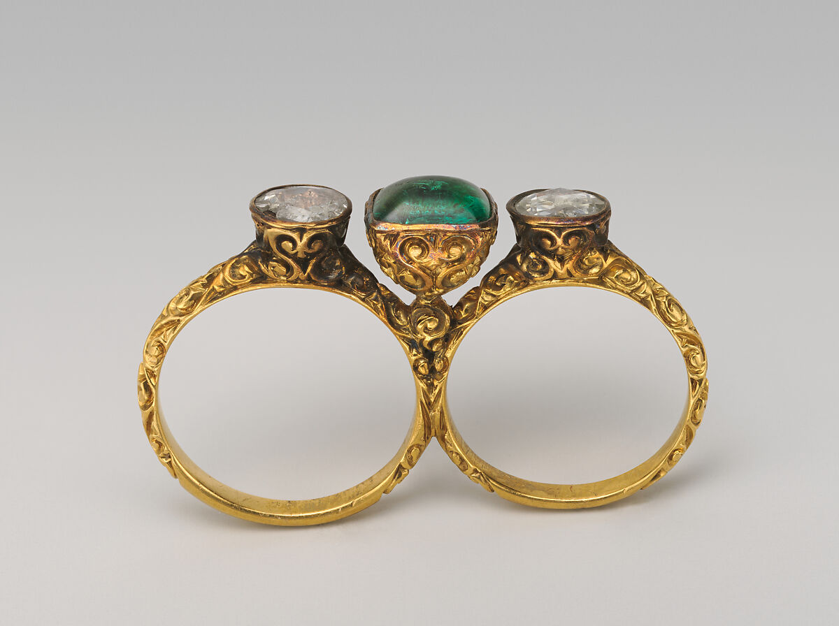 Double Ring, Marcus and Co. (American, New York, 1892–1942), Gold, diamonds, and emerald, American 