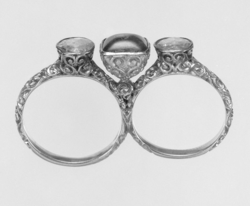 Double Ring, Marcus and Co. (American, New York, 1892–1942), Gold, diamonds, and emerald, American