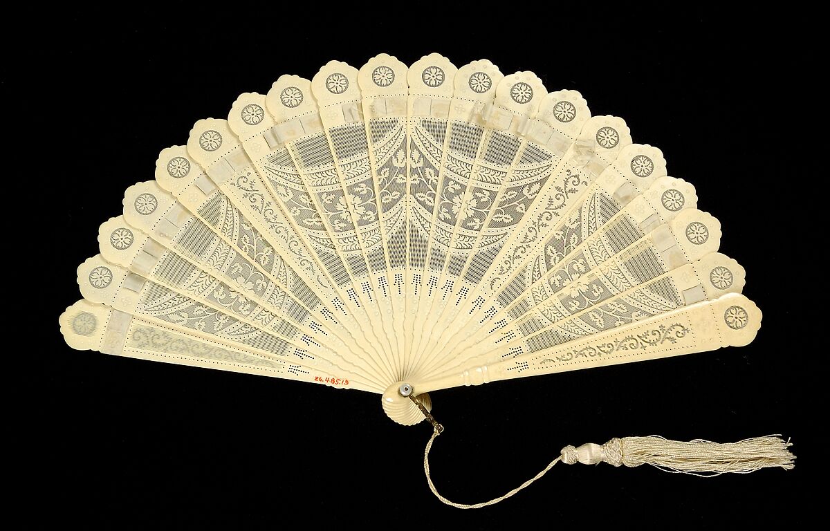 Brisé fan, Bone, silk, mother-of-pearl, metal, possibly Chinese 