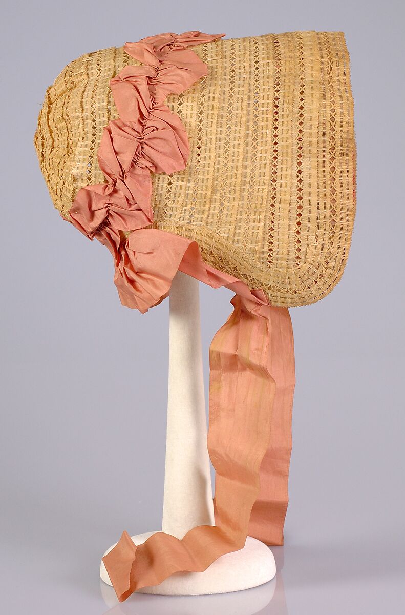 Poke bonnet, Straw, horsehair, silk, American 