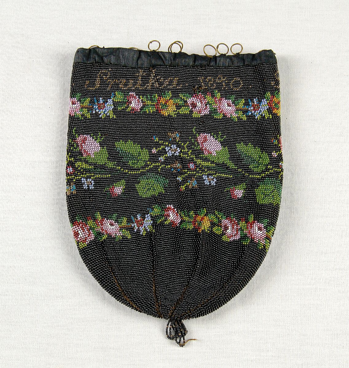 Pouch, Glass, leather, silk, metal, American