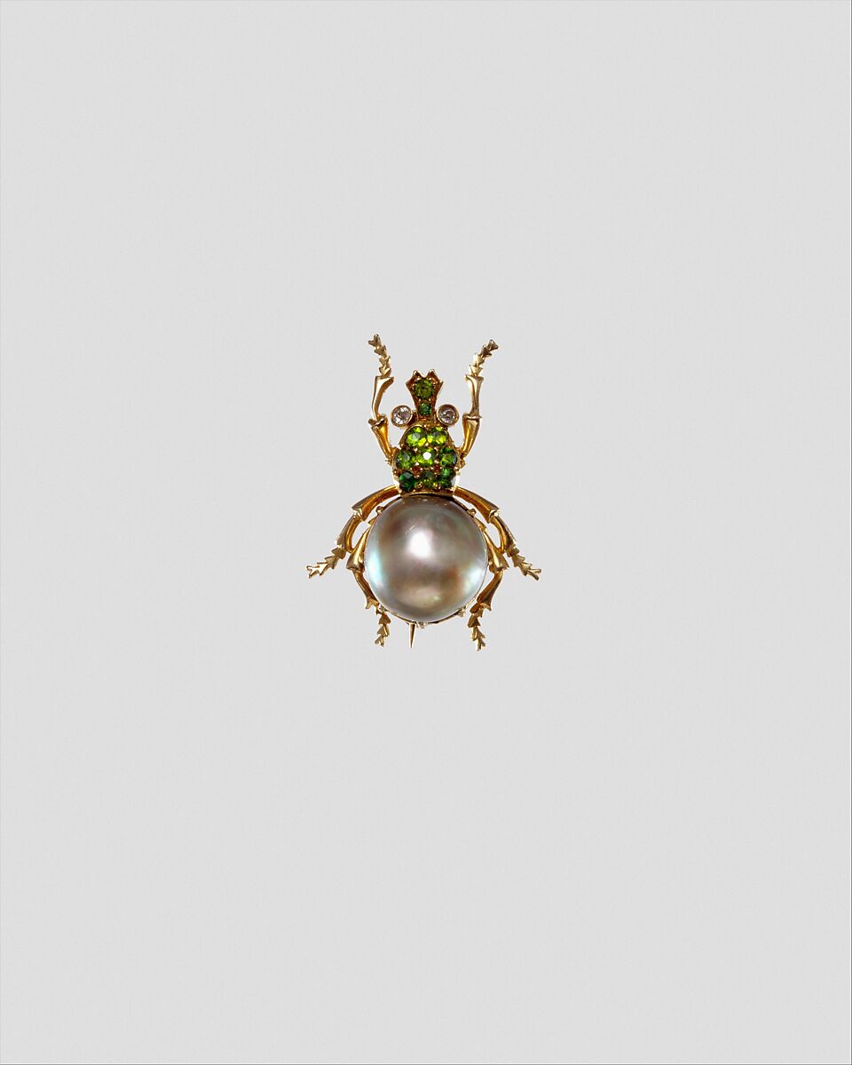 Brooch, Jaques &amp; Marcus (active 1882–92), Gold, pearl, demantoid garnets, and diamonds, American 