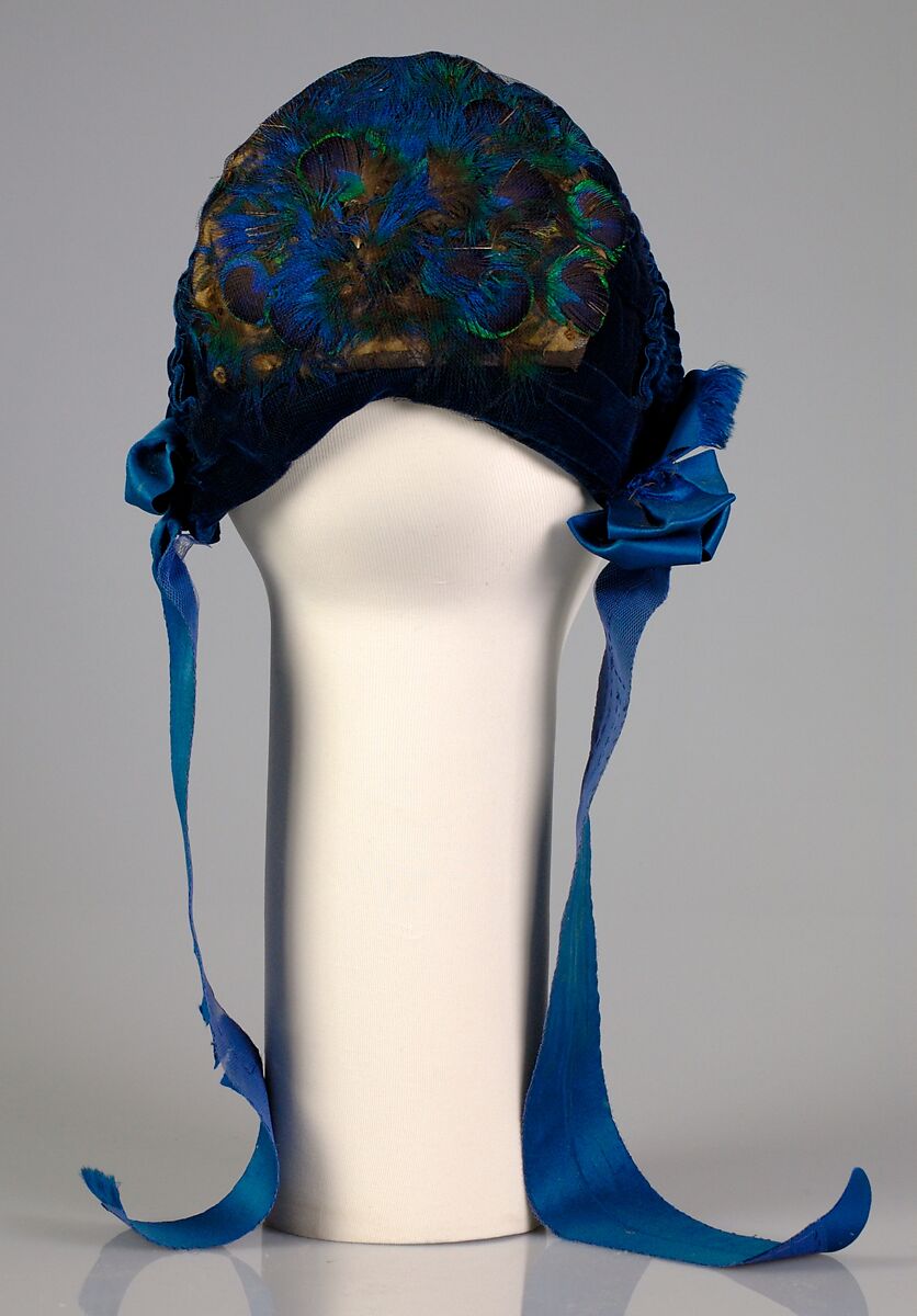 Evening bonnet, Feathers, silk, American