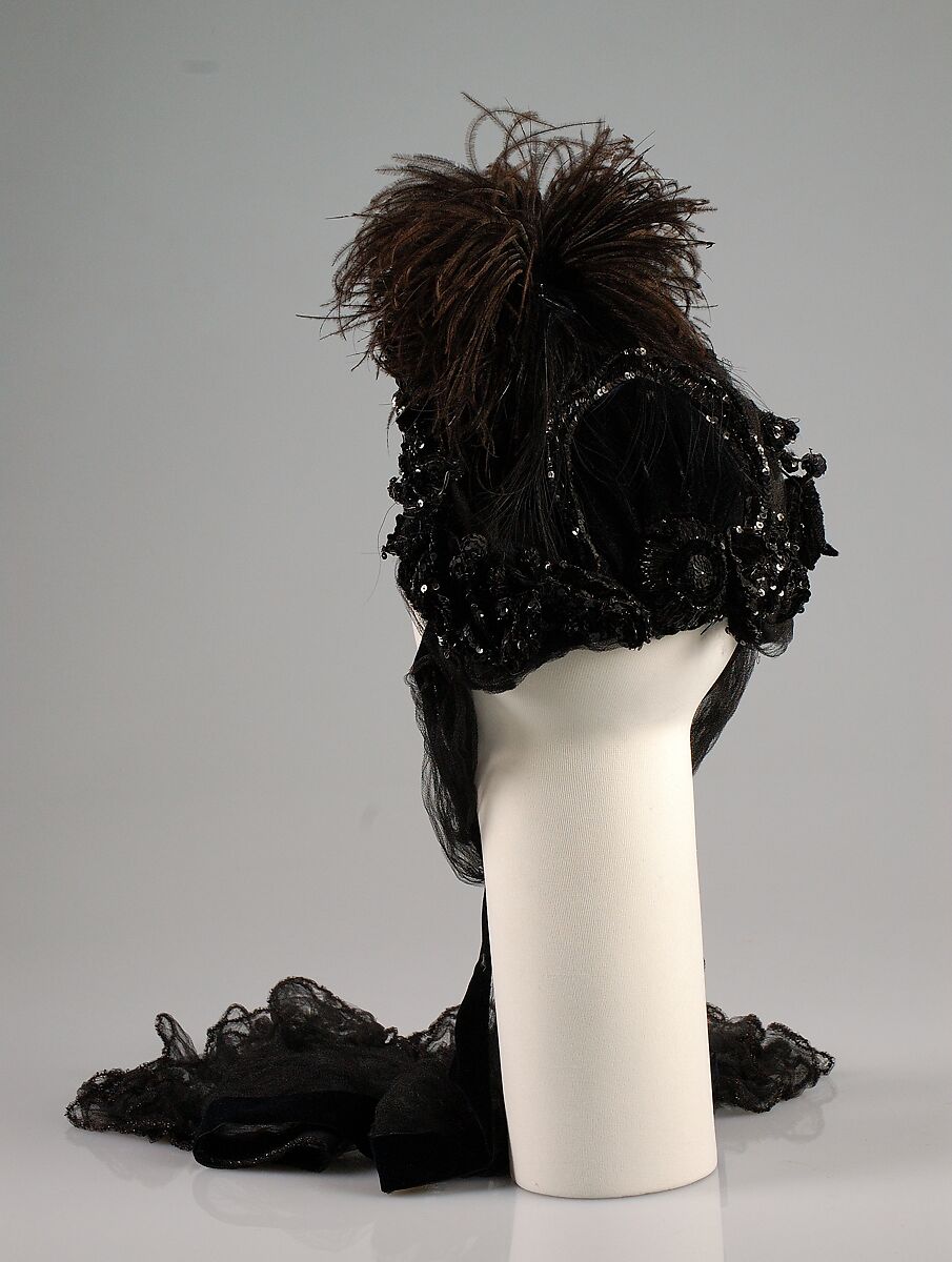 Evening bonnet, Camille (French), Silk, sequins, straw, feather, French
