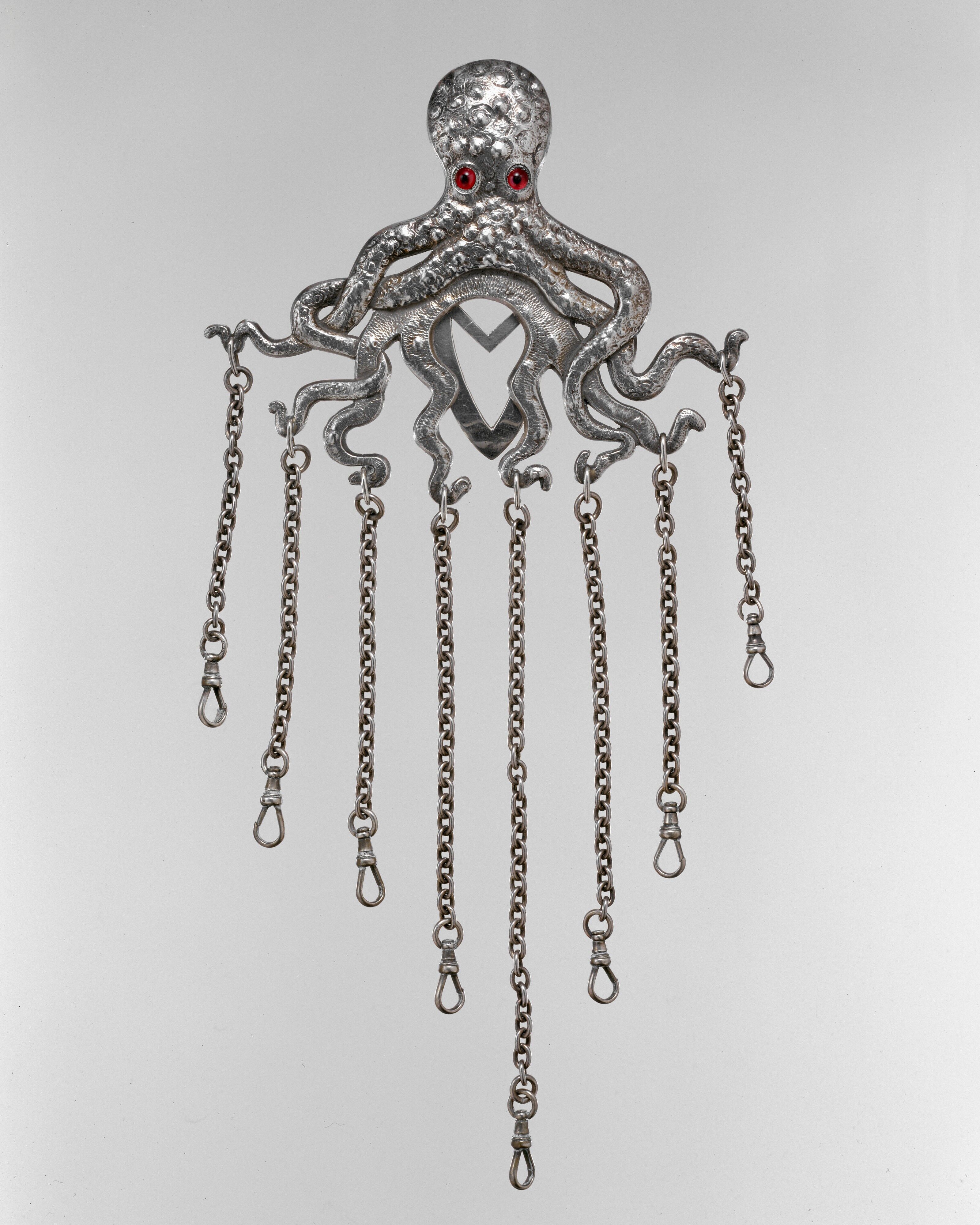 Chatelaine, Gorham Manufacturing Company (American, Providence, Rhode Island, 1831–present), Silver, red glass, and black beads, American