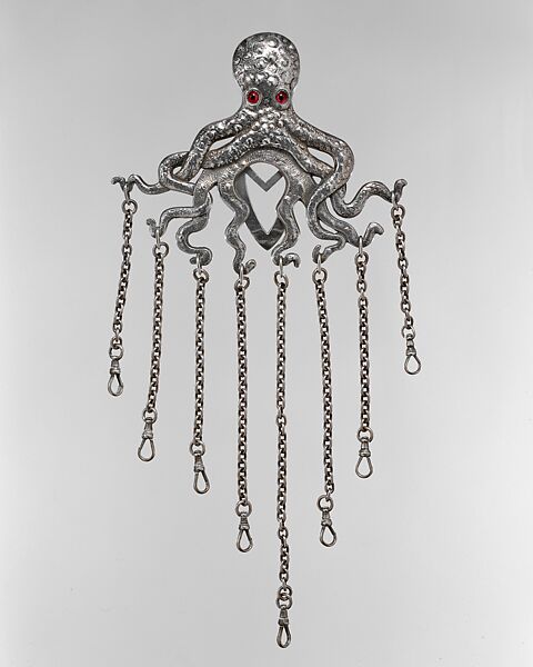 Chatelaine, Gorham Manufacturing Company (American, Providence, Rhode Island, 1831–present), Silver, red glass, and black beads, American 