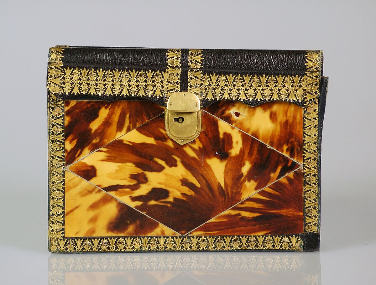 Clutch, plastic (casein), leather, metal, silk, American 