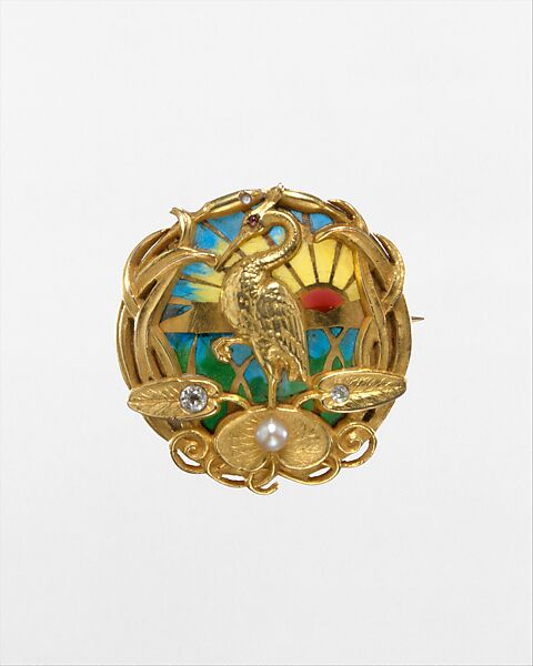 Watch Pin, Riker Brothers (active 1892–1926), Gold, plique-à-jour enamel, diamonds, pearl, and ruby, American 