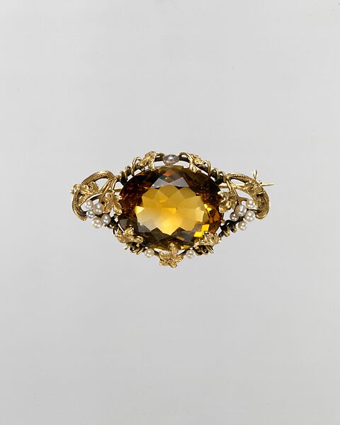 Brooch, George Bell (American, active 1904–22), Gold, citrine, and seed pearls, American 