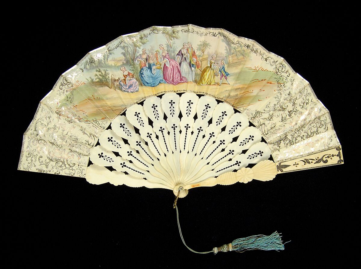 Fan, Ivory, paper, silk, mother-of-pearl, metal, metallic, possibly French
