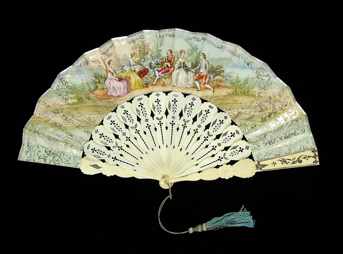 Fan, Ivory, paper, silk, mother-of-pearl, metal, metallic, possibly French 