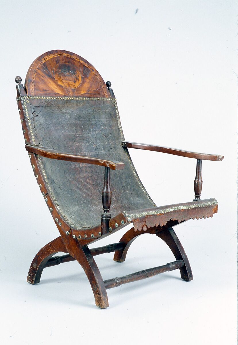 Campeche Chair, Mahogany and mahogany veneer, light and dark wood inlay, and leather, American