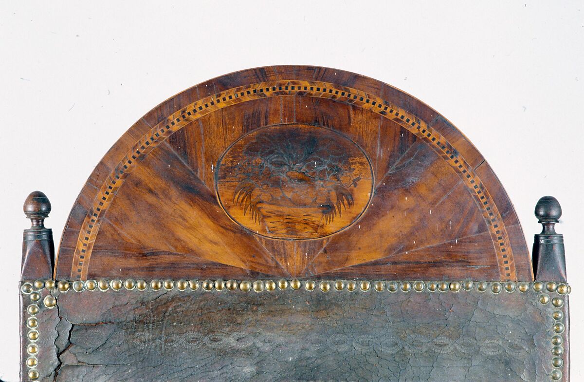 Campeche Chair, Mahogany and mahogany veneer, light and dark wood inlay, and leather, American