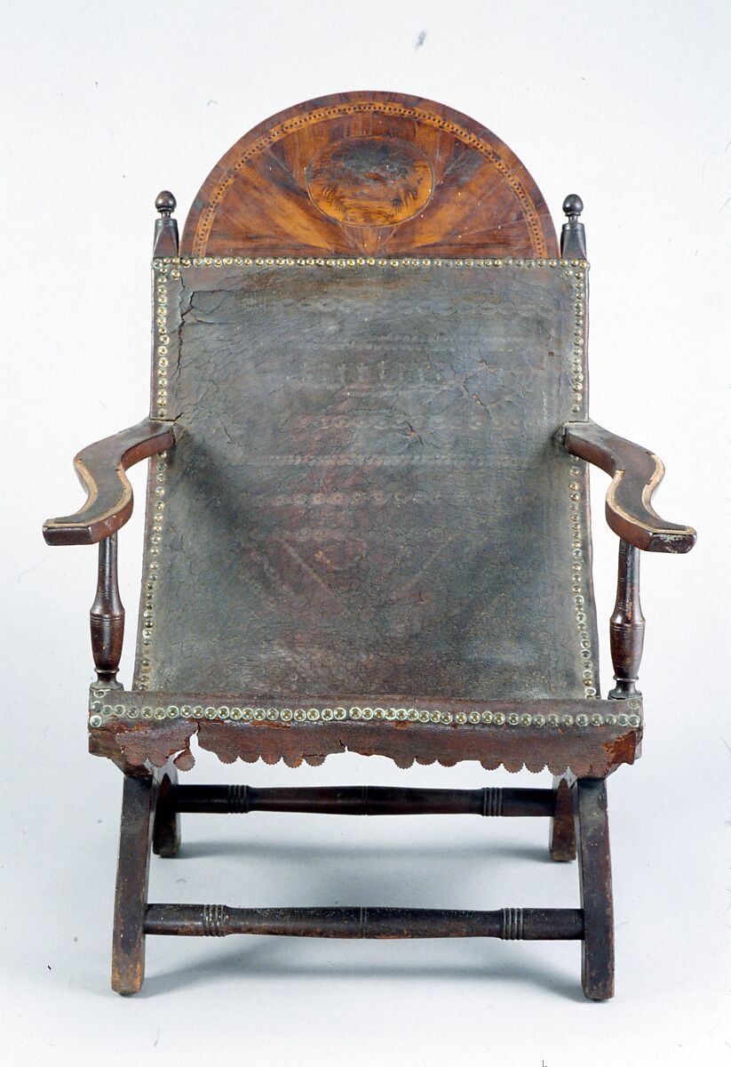 Campeche Chair, Mahogany and mahogany veneer, light and dark wood inlay, and leather, American