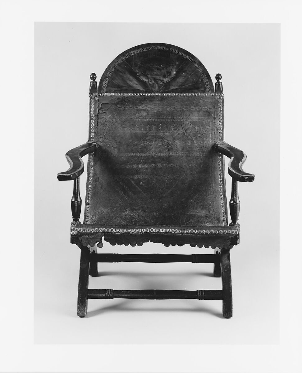 Campeche Chair, Mahogany and mahogany veneer, light and dark wood inlay, and leather, American