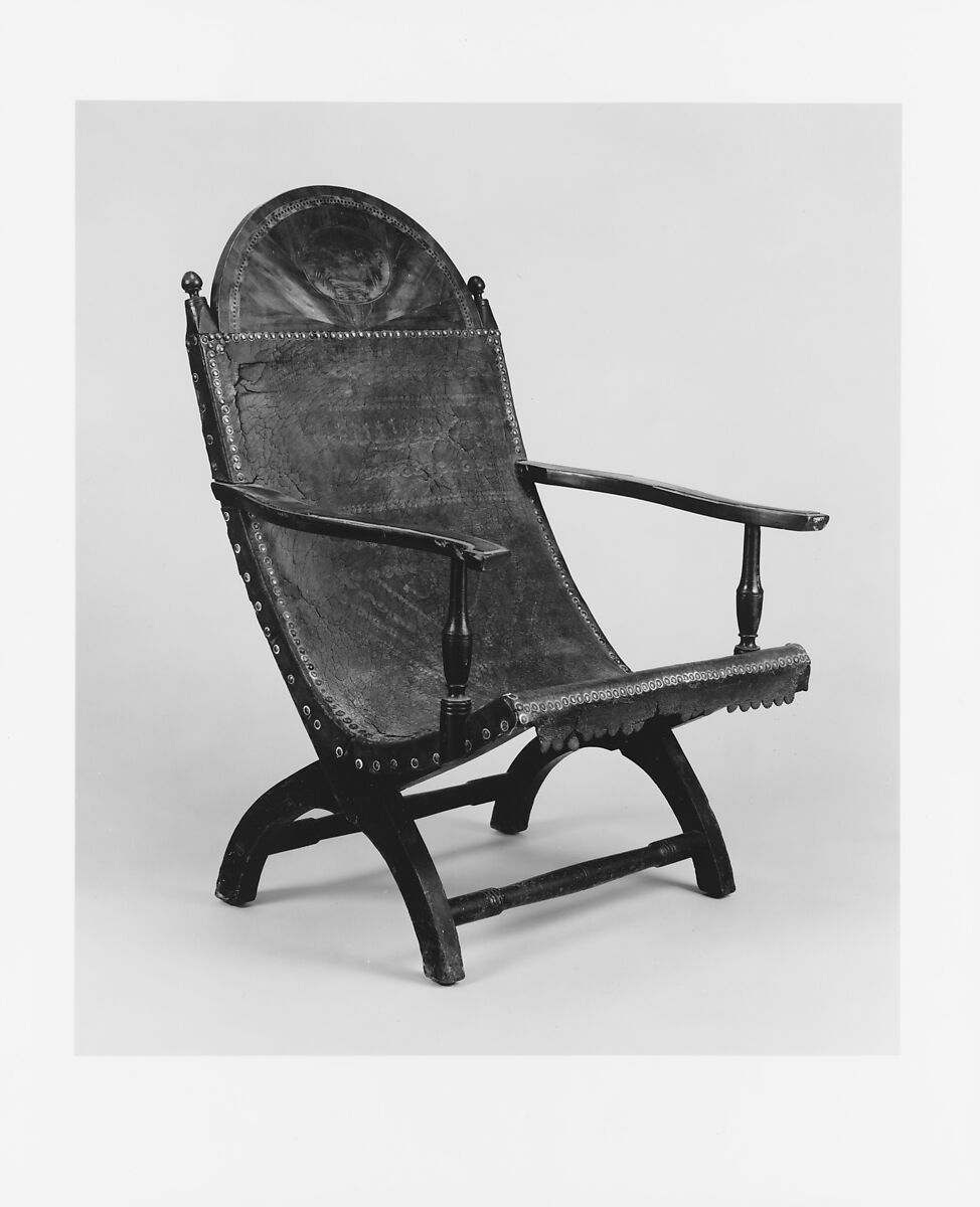 Campeche Chair, Mahogany and mahogany veneer, light and dark wood inlay, and leather, American