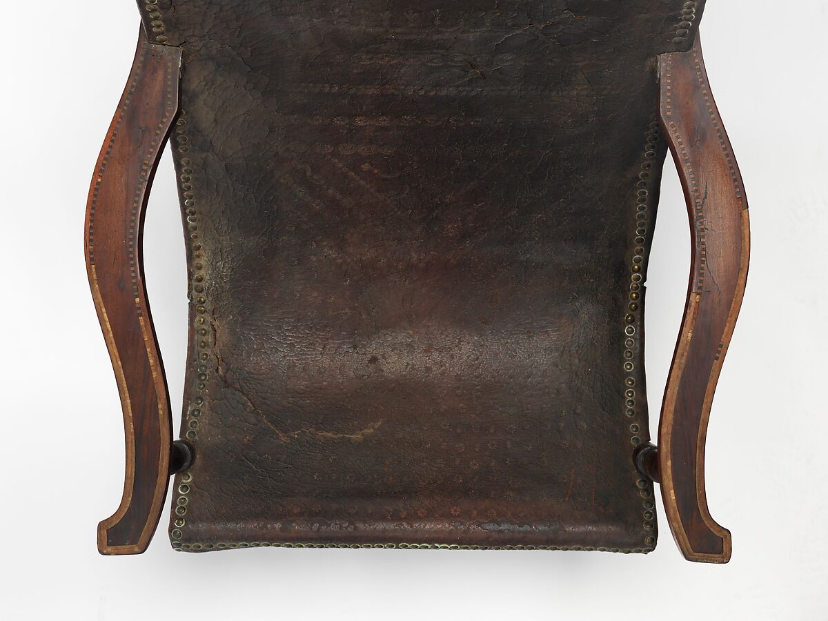 Campeche Chair, Mahogany and mahogany veneer, light and dark wood inlay, and leather, American
