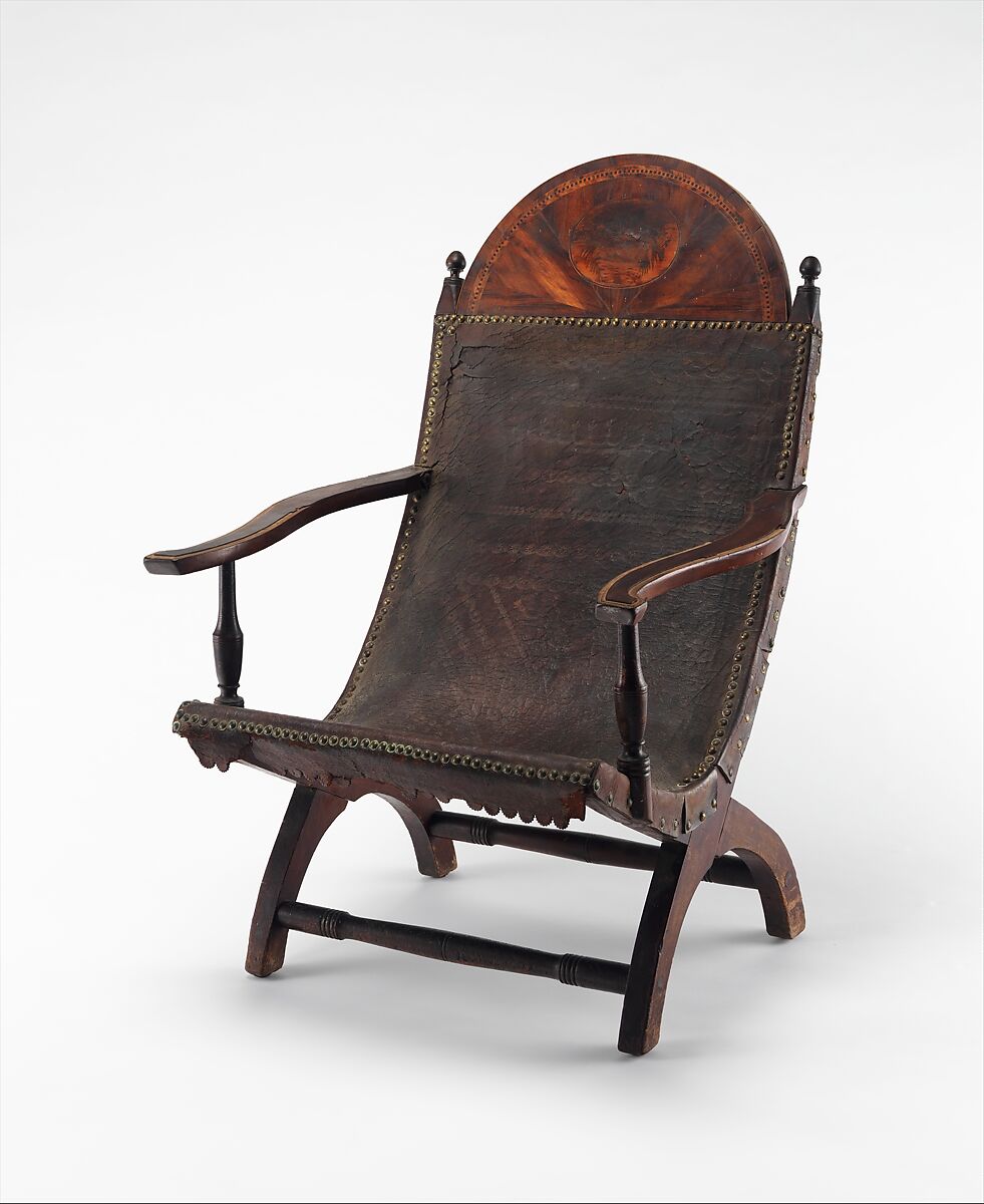 Campeche Chair, Mahogany and mahogany veneer, light and dark wood inlay, and leather, American