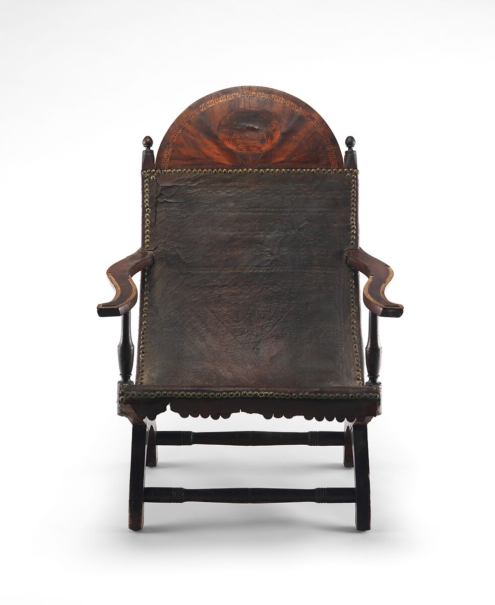 Campeche Chair, Mahogany and mahogany veneer, light and dark wood inlay, and leather, American