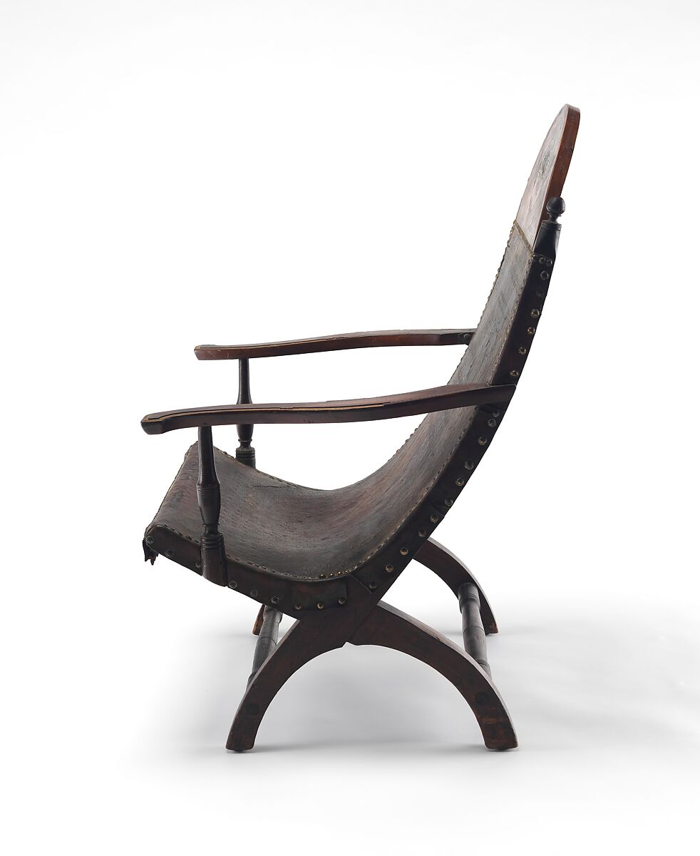 Campeche Chair, Mahogany and mahogany veneer, light and dark wood inlay, and leather, American
