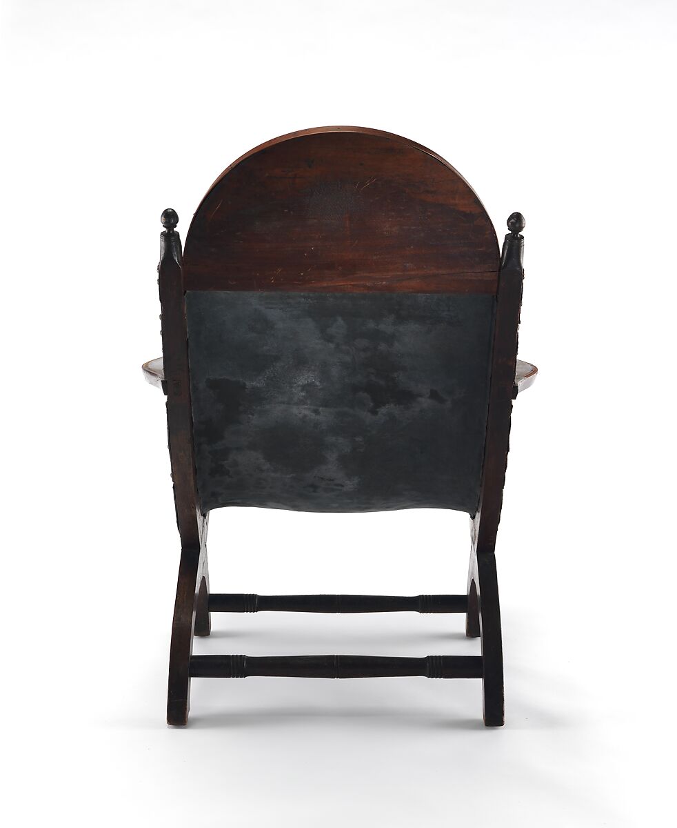 Campeche Chair, Mahogany and mahogany veneer, light and dark wood inlay, and leather, American