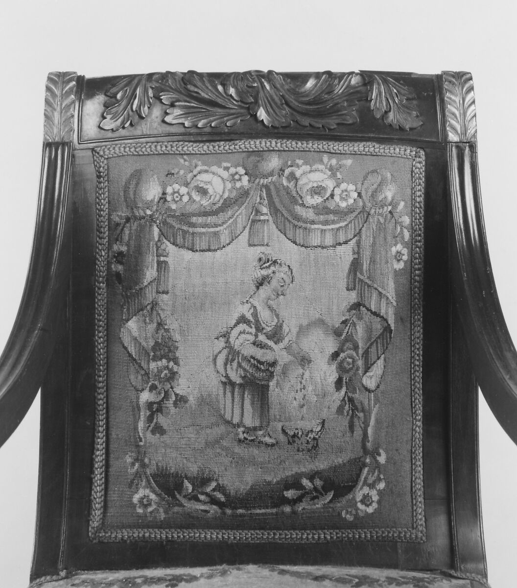 Armchair, John Banks (active 1818–after 1825), Mahogany, ash, maple, gilded wood and vert antique with French silk tapestry upholstery, American