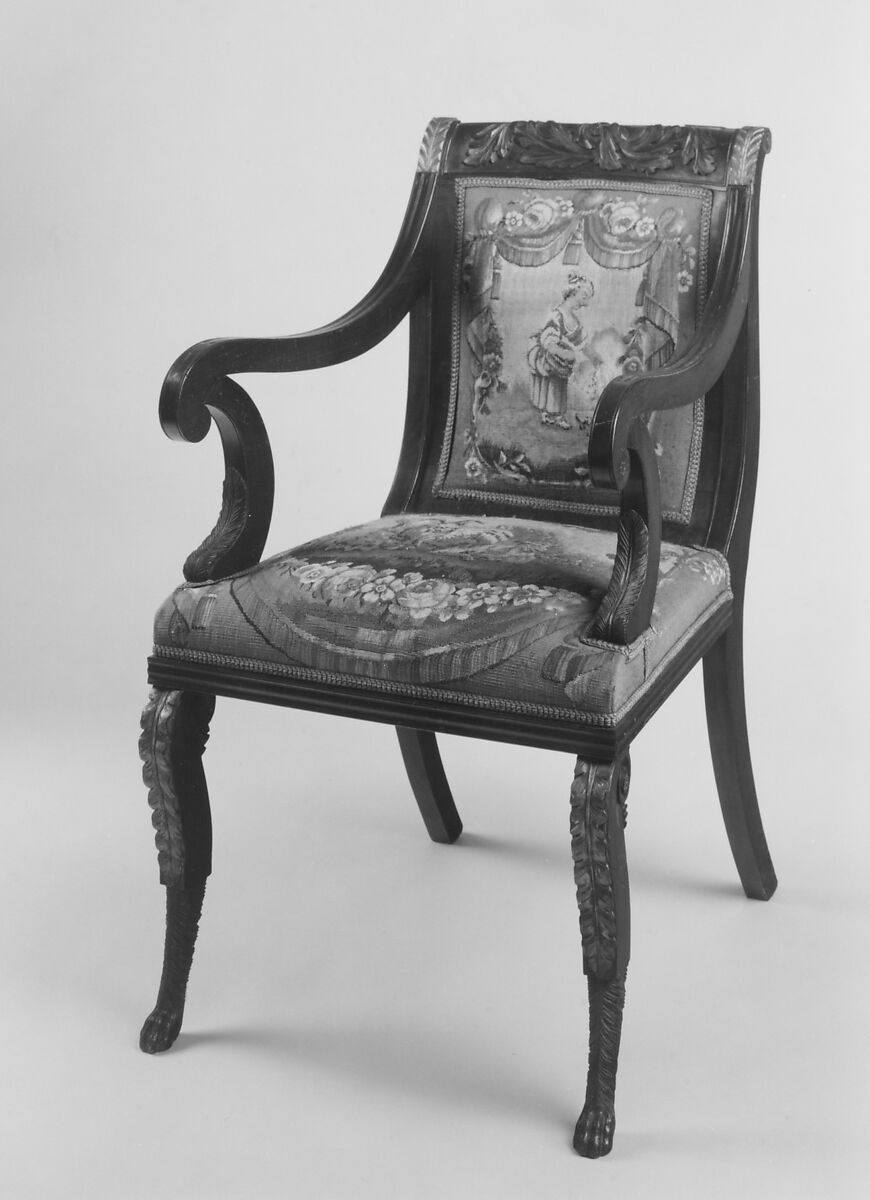 Armchair, John Banks (active 1818–after 1825), Mahogany, ash, maple, gilded wood and vert antique with French silk tapestry upholstery, American