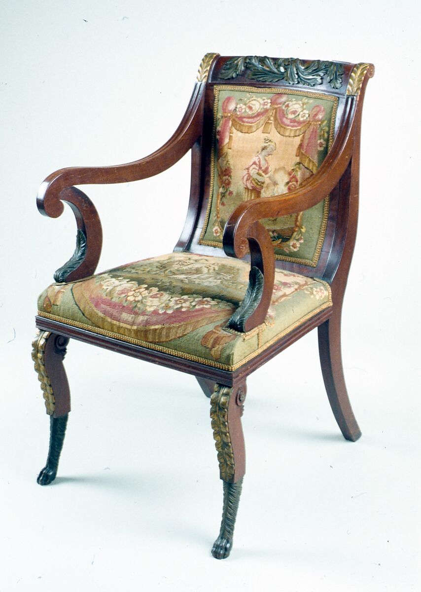 Armchair, John Banks (active 1818–after 1825), Mahogany, ash, maple, gilded wood and vert antique with French silk tapestry upholstery, American