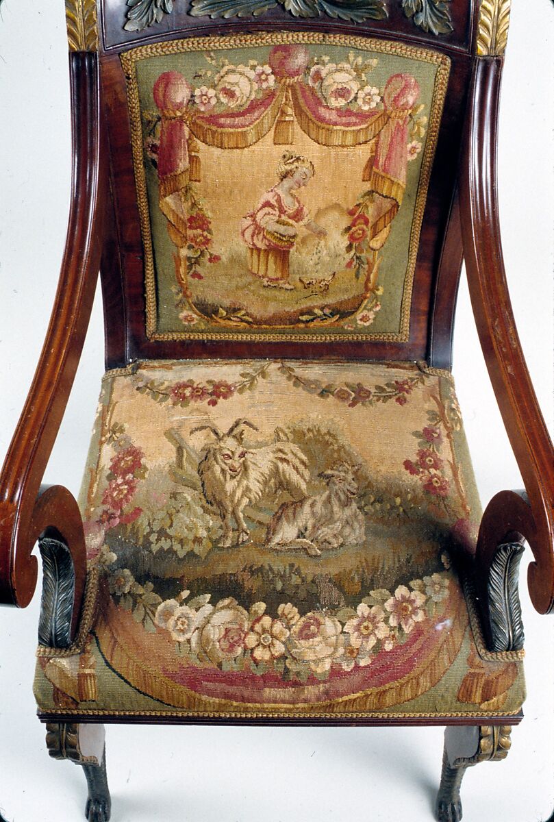 Armchair, John Banks (active 1818–after 1825), Mahogany, ash, maple, gilded wood and vert antique with French silk tapestry upholstery, American