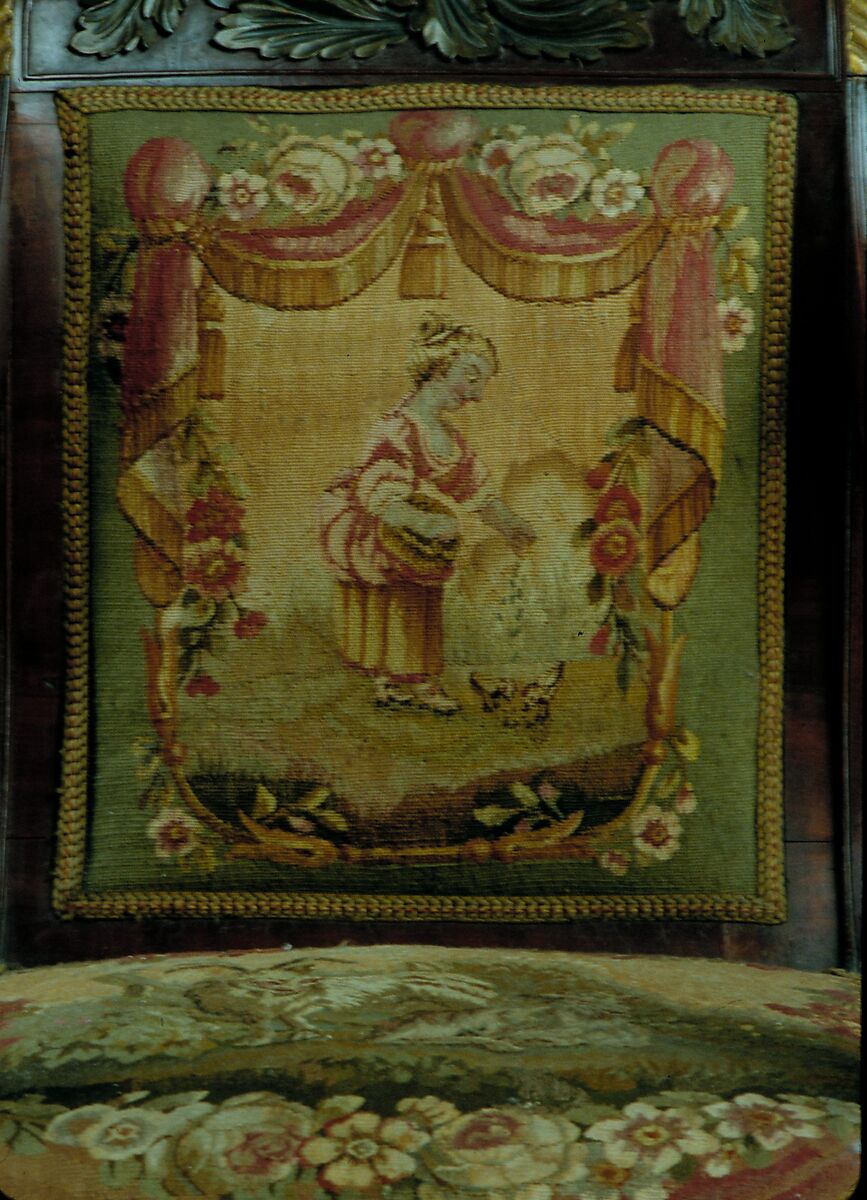 Armchair, John Banks (active 1818–after 1825), Mahogany, ash, maple, gilded wood and vert antique with French silk tapestry upholstery, American