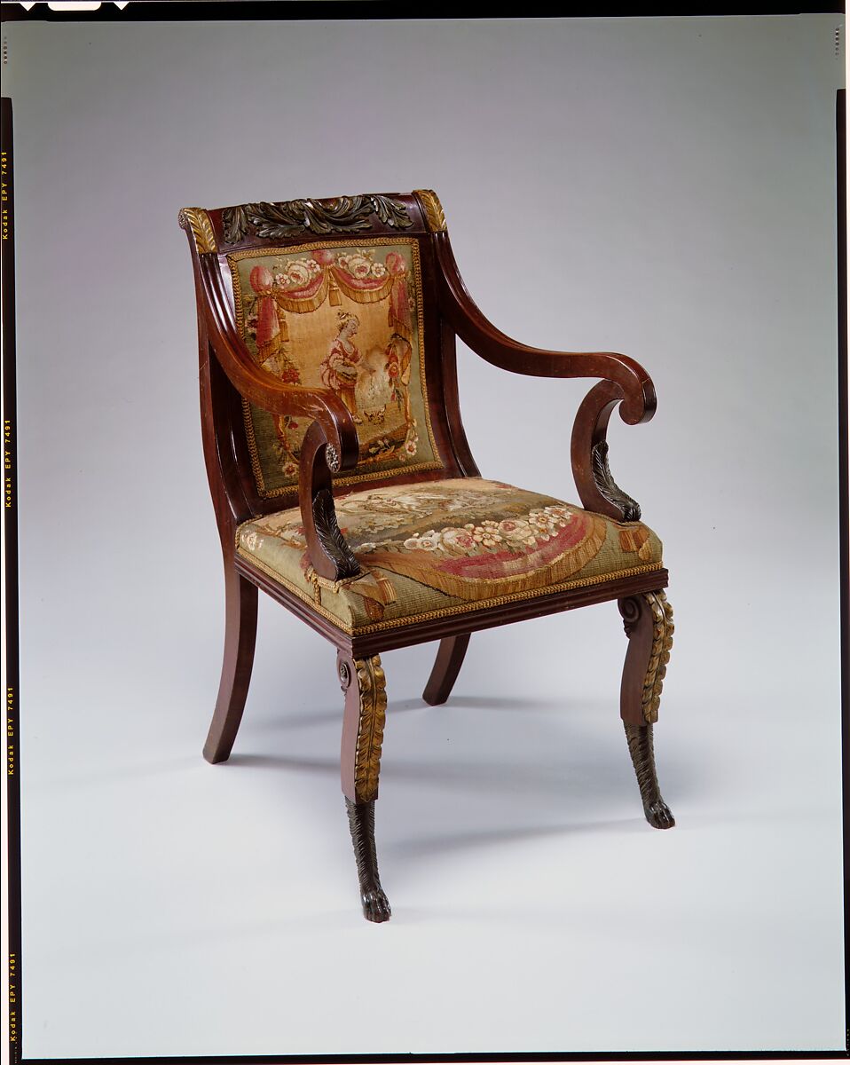 Armchair, John Banks (active 1818–after 1825), Mahogany, ash, maple, gilded wood and vert antique with French silk tapestry upholstery, American