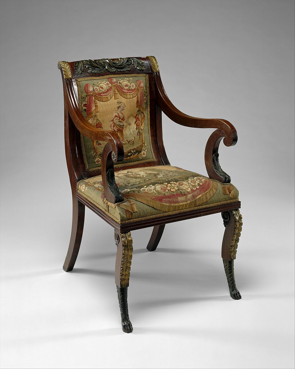 Armchair, John Banks (active 1818–after 1825), Mahogany, ash, maple, gilded wood and vert antique with French silk tapestry upholstery, American 