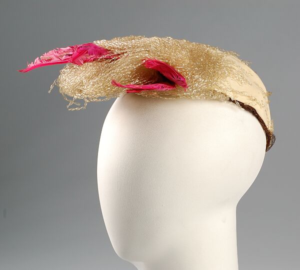 Cocktail hat, Sally Victor (American, 1905–1977), plastic (cellophane), feathers, rayon, American 