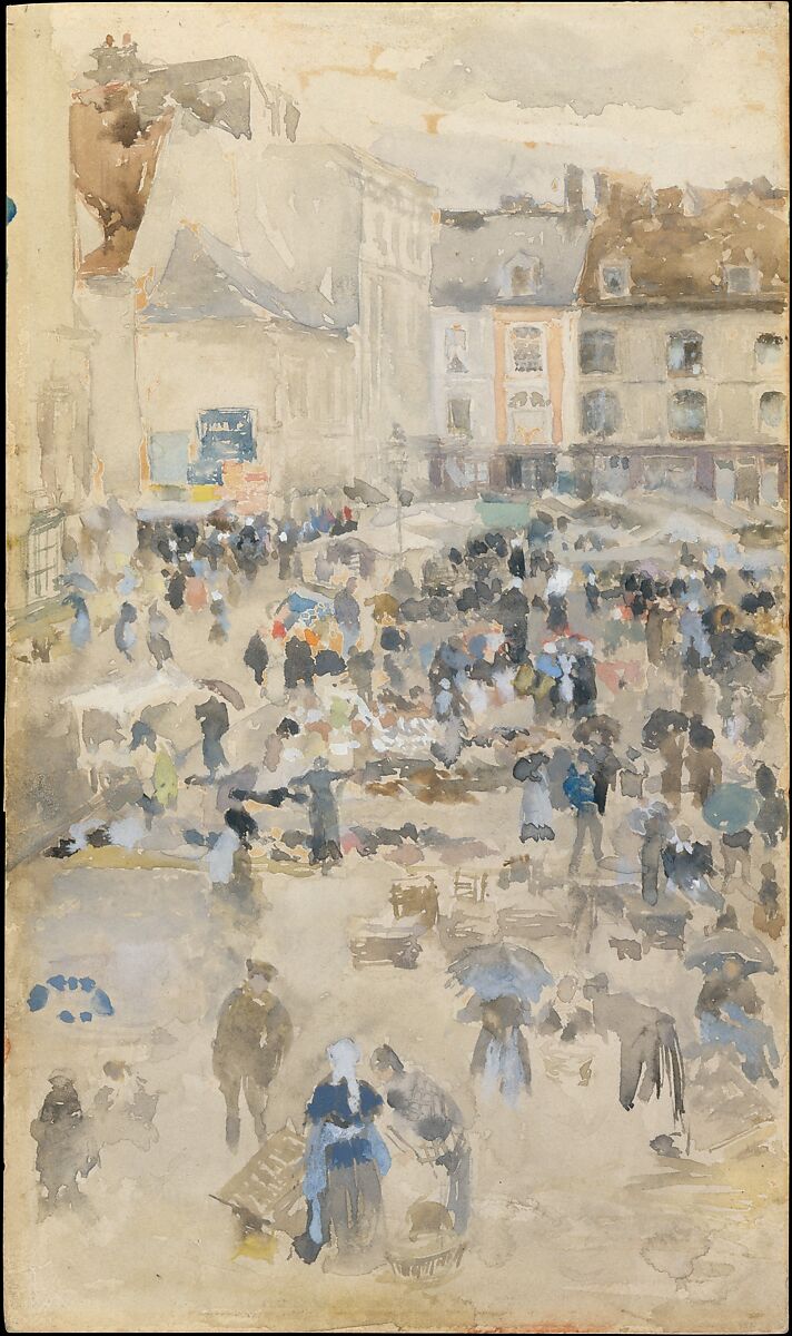 Variations in Violet and Grey—Market Place, Dieppe, James McNeill Whistler (American, Lowell, Massachusetts 1834–1903 London), Gouache and watercolor on off-white wove paper, mounted on academy board, American 