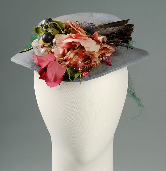 Hat, Sally Victor (American, 1905–1977), Wool, silk, feathers, glass, American 