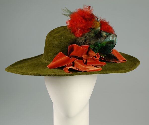 Hat, Sally Victor (American, 1905–1977), Wool, hair, feathers, synthetic, American 