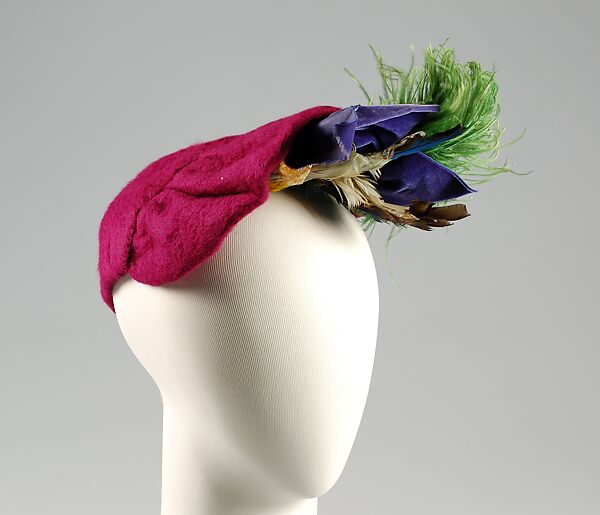 Hat, Sally Victor (American, 1905–1977), Wool, feather, bird, synthetic, American 