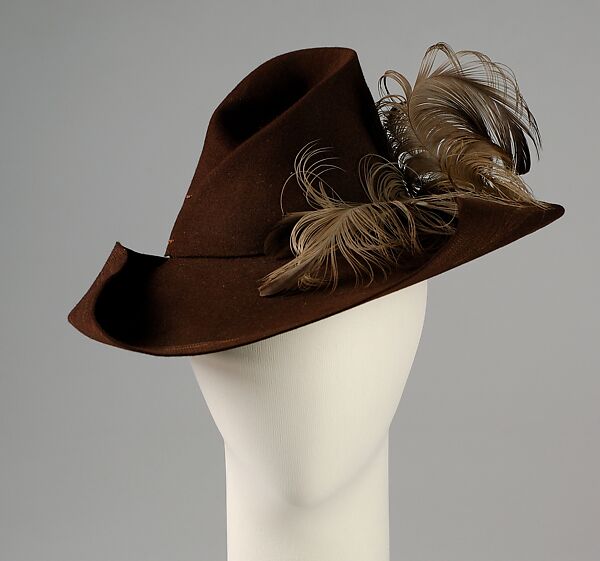 Hat, Sally Victor (American, 1905–1977), Wool, hair, feathers, American 