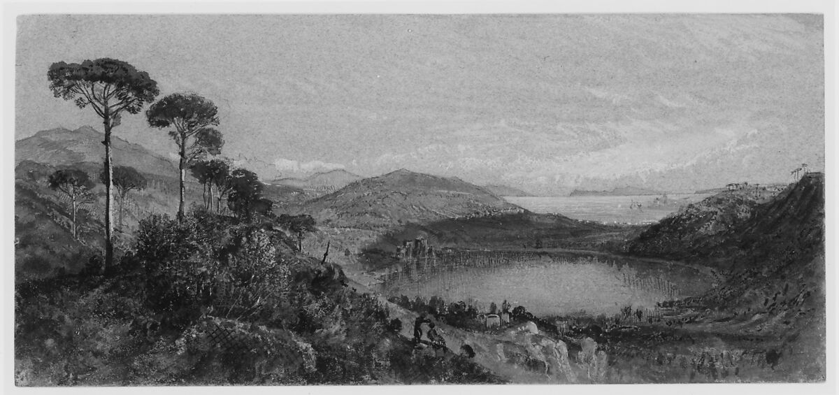 Lago Avernus, William Trost Richards (American, Philadelphia, Pennsylvania 1833–1905 Newport, Rhode Island), Watercolor, gouache, and graphite on blue wove paper, American