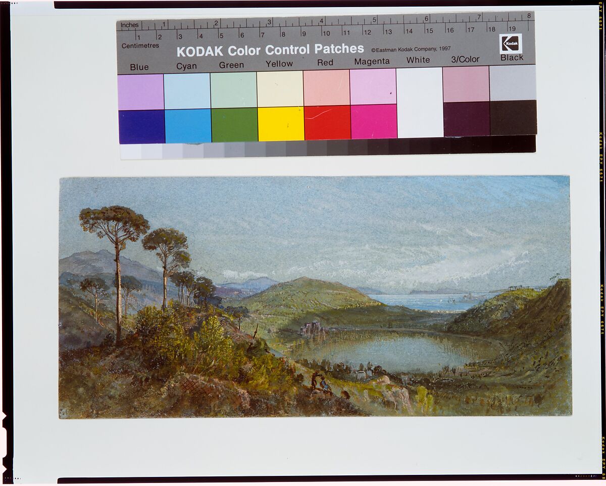 Lago Avernus, William Trost Richards (American, Philadelphia, Pennsylvania 1833–1905 Newport, Rhode Island), Watercolor, gouache, and graphite on blue wove paper, American