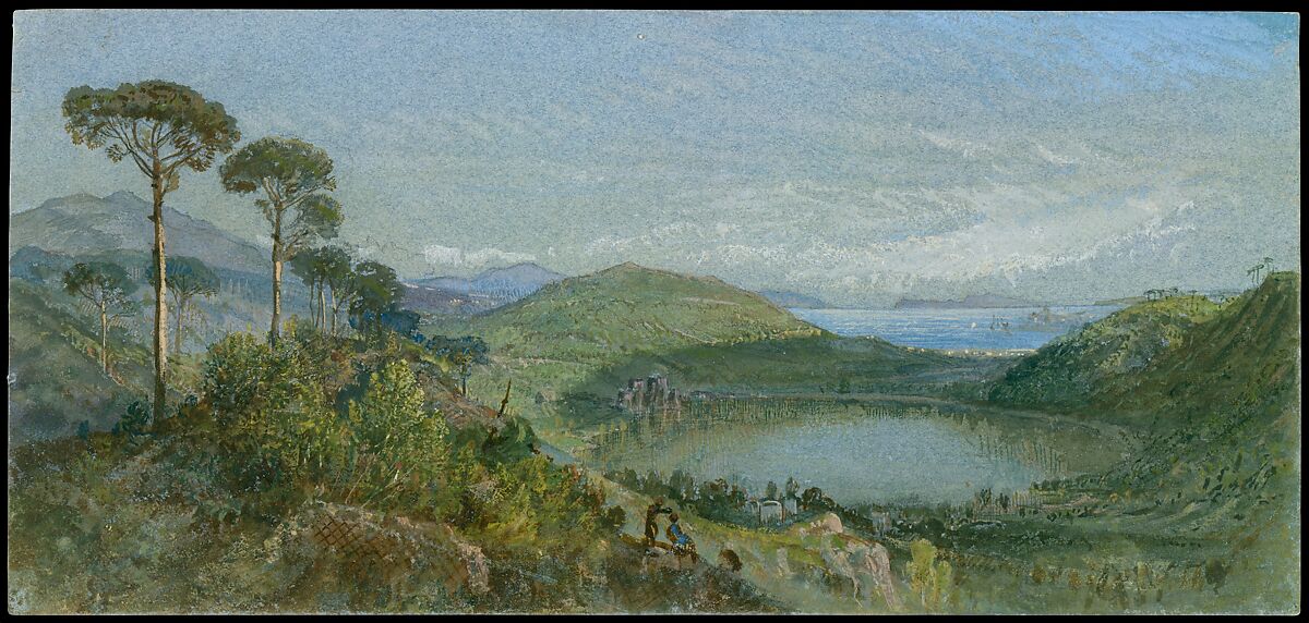 Lago Avernus, William Trost Richards (American, Philadelphia, Pennsylvania 1833–1905 Newport, Rhode Island), Watercolor, gouache, and graphite on blue wove paper, American 