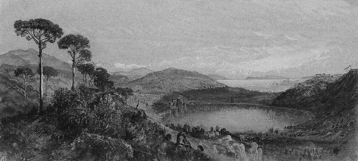 Lago Avernus, William Trost Richards (American, Philadelphia, Pennsylvania 1833–1905 Newport, Rhode Island), Watercolor, gouache, and graphite on blue wove paper, American