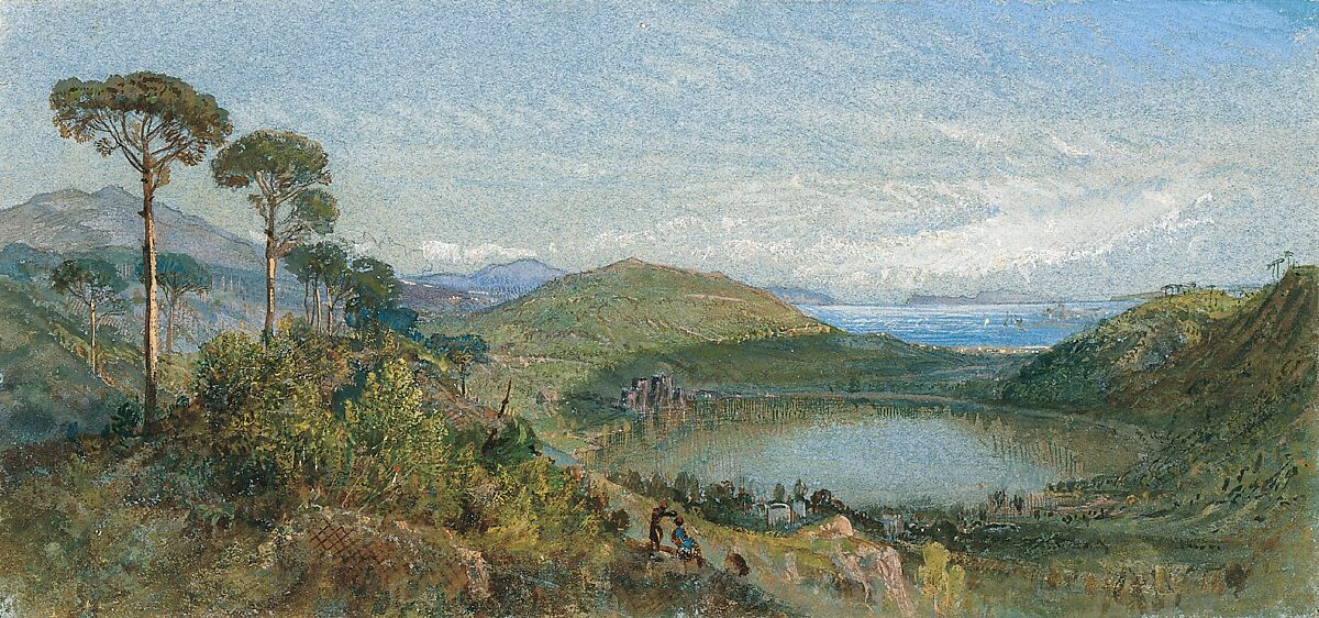 Lago Avernus, William Trost Richards (American, Philadelphia, Pennsylvania 1833–1905 Newport, Rhode Island), Watercolor, gouache, and graphite on blue wove paper, American