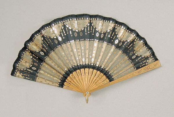Fan, Wood, silk, metallic, sequins, mother-of-pearl, metal, French 
