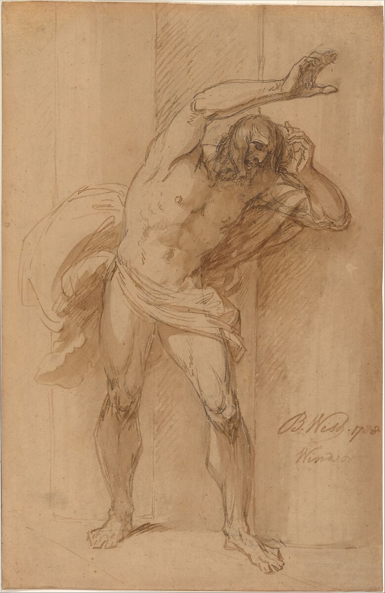 Study for the Crucifixion, Benjamin West (American, Swarthmore, Pennsylvania 1738–1820 London), Brown ink applied by brush and pen, black chalk underdrawing; laid paper prepared with a light golden brown wash, American 