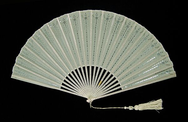 Fan, Wood, silk, sequins, mother-of-pearl, metal, American 