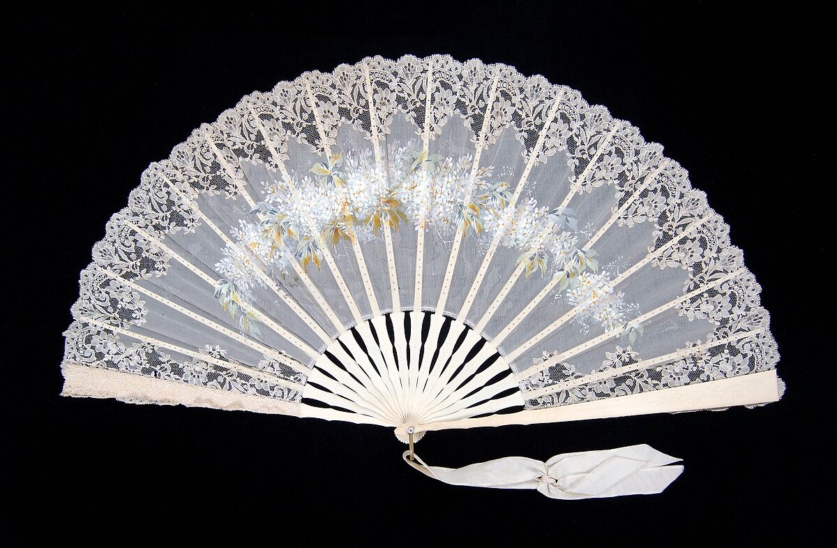 Fan, Ivory, silk, mother-of-pearl, metal, probably French 