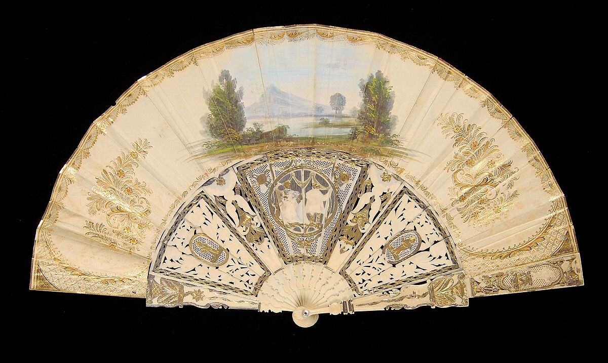 Fan, Ivory, metallic, paper, parchment, mother-of-pearl, European