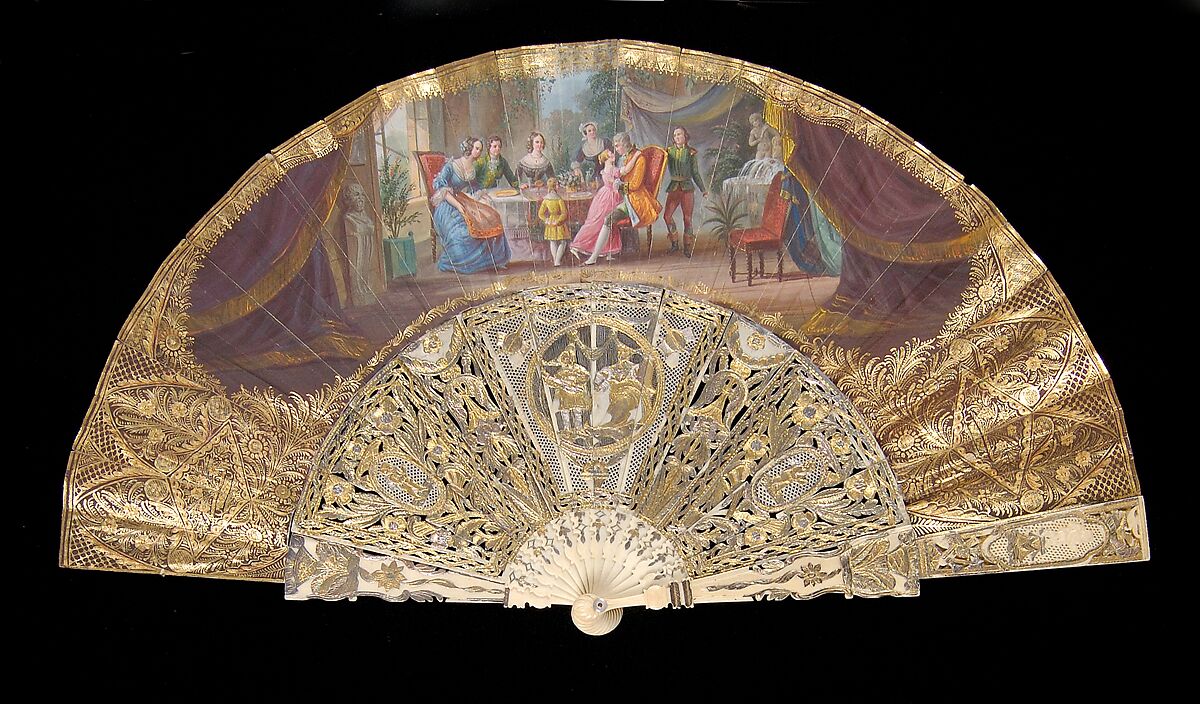Fan, Ivory, metallic, paper, parchment, mother-of-pearl, European 