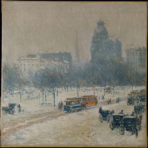 Winter in Union Square, Childe Hassam (American, Dorchester, Massachusetts 1859–1935 East Hampton, New York), Oil on canvas, American 